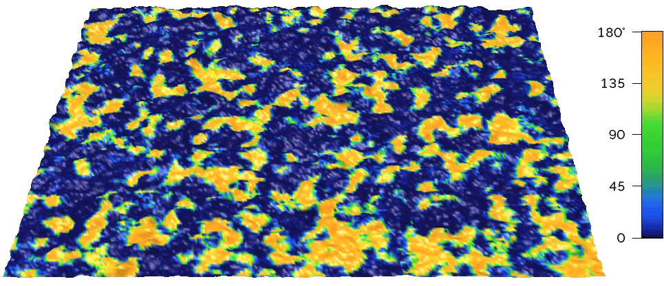 This DART PFM phase image shows differently poled ferroelectric domains in a silicon-doped hafnium oxide thin film across a 3 μm scan size.
